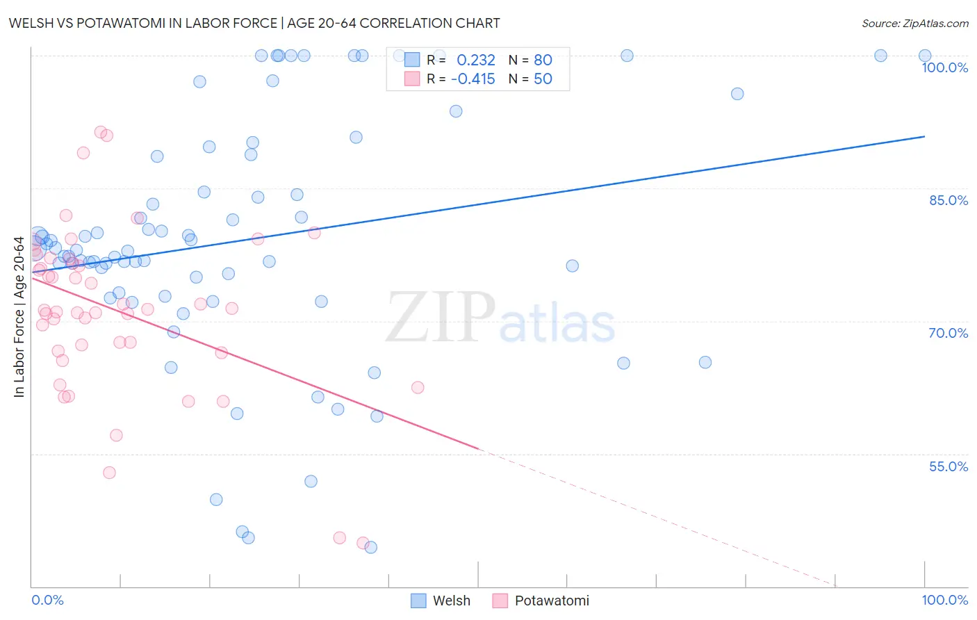 Welsh vs Potawatomi In Labor Force | Age 20-64