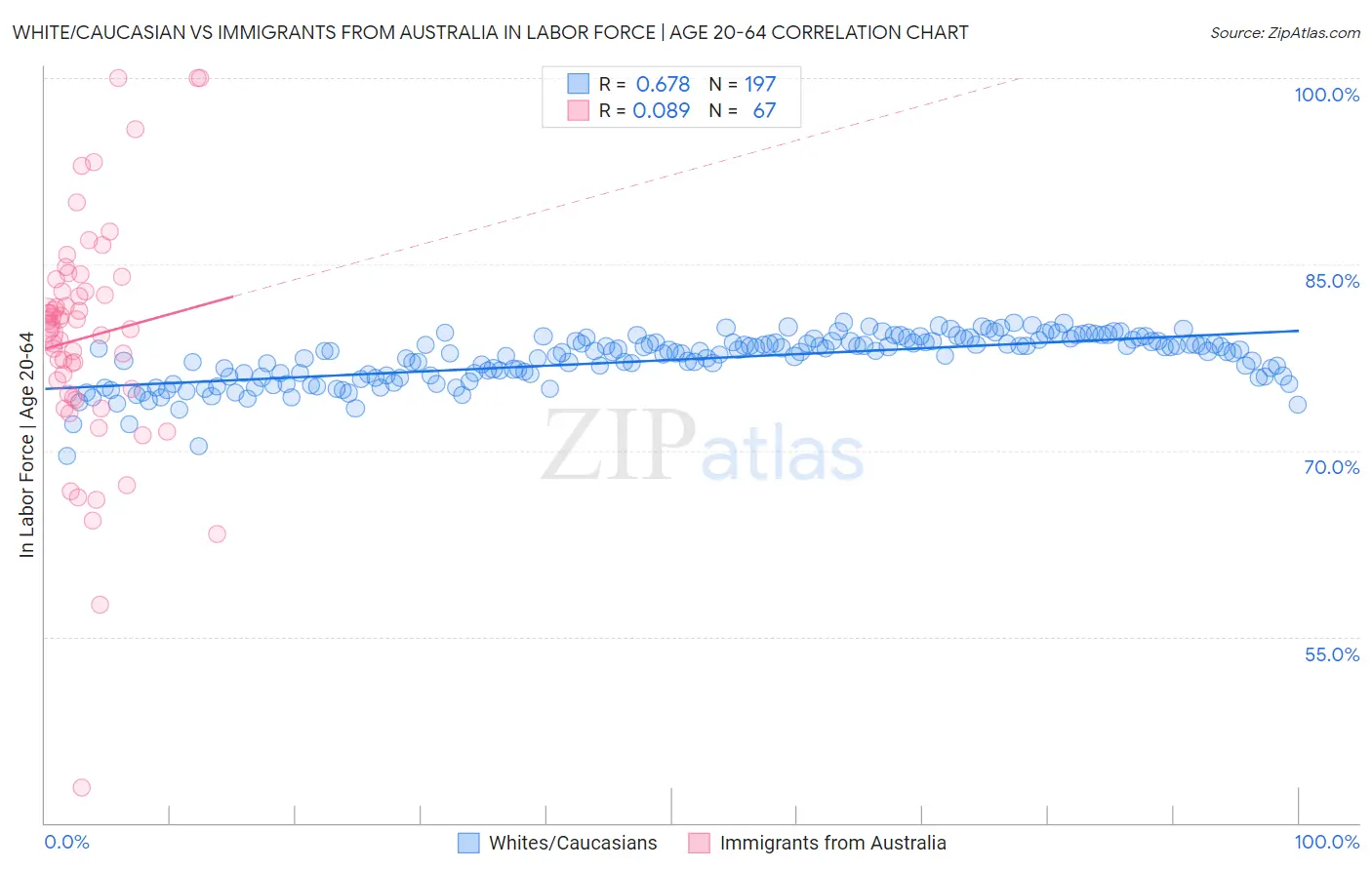 White/Caucasian vs Immigrants from Australia In Labor Force | Age 20-64