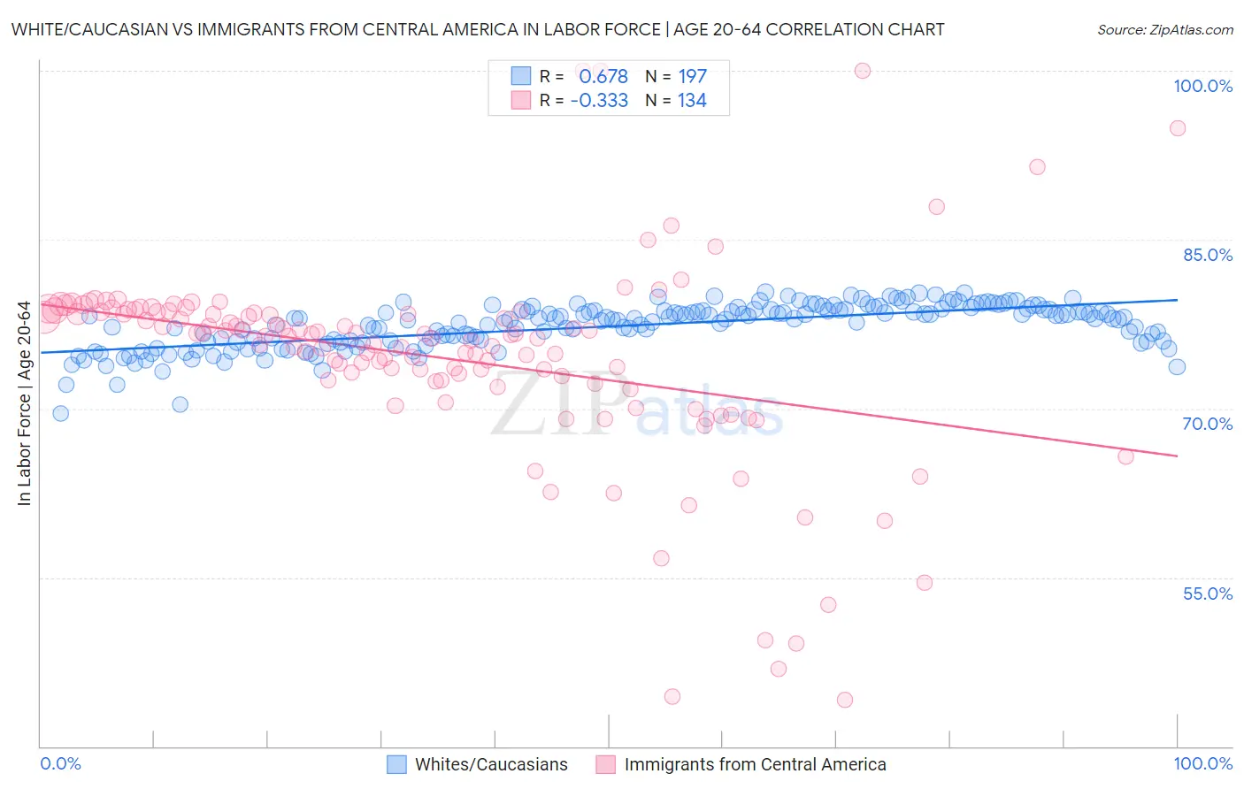 White/Caucasian vs Immigrants from Central America In Labor Force | Age 20-64