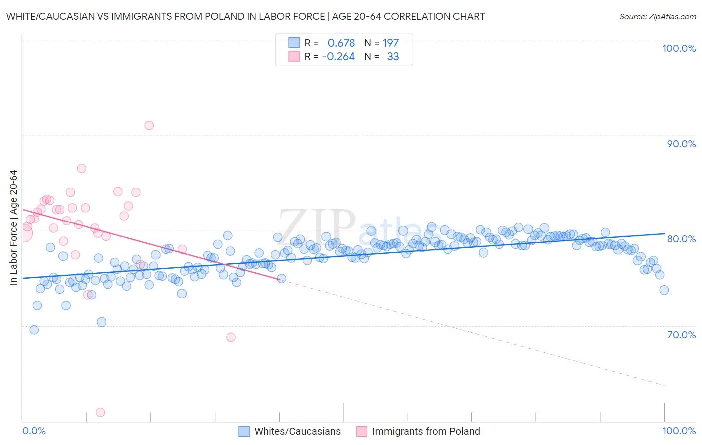 White/Caucasian vs Immigrants from Poland In Labor Force | Age 20-64