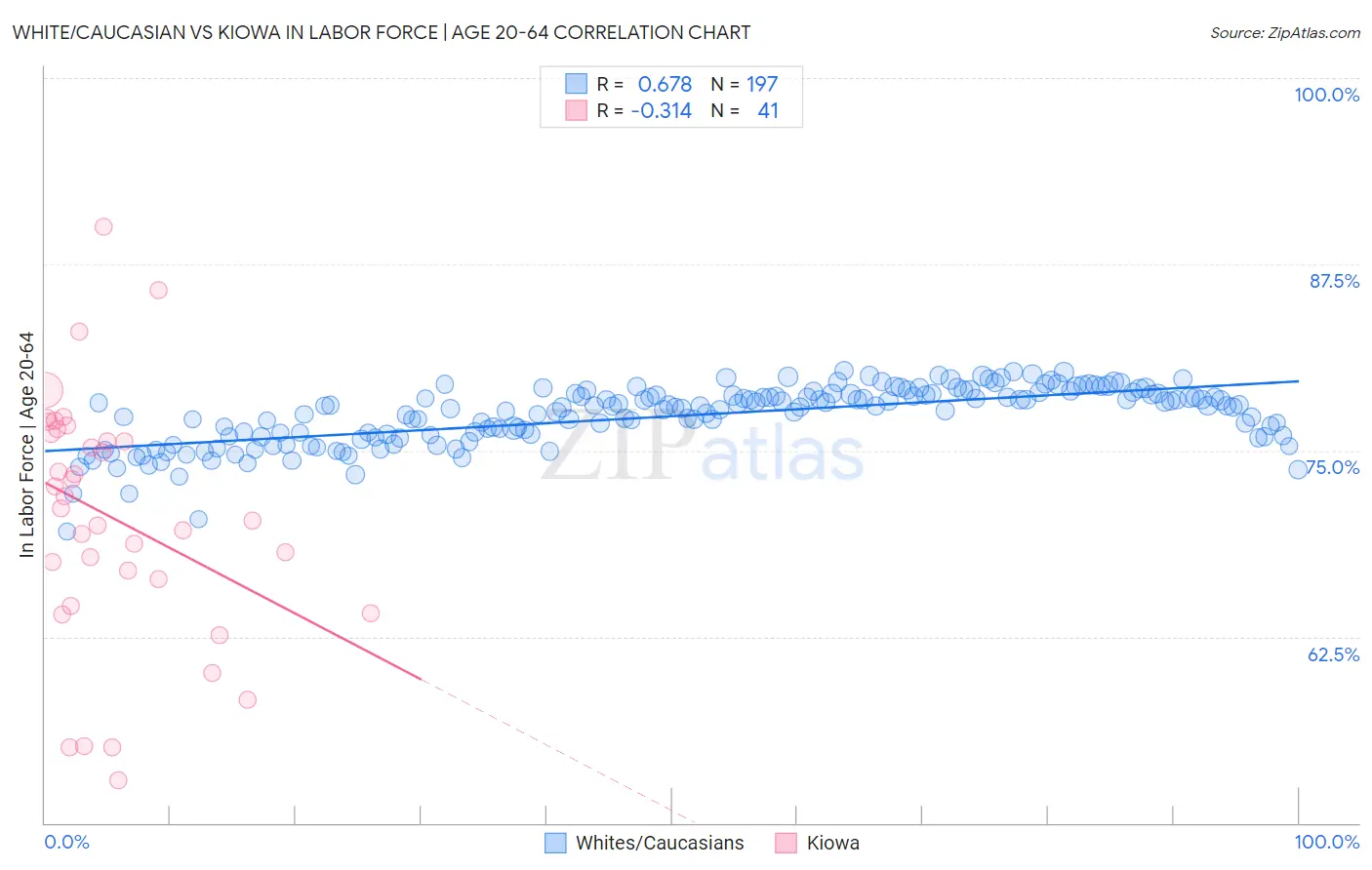 White/Caucasian vs Kiowa In Labor Force | Age 20-64