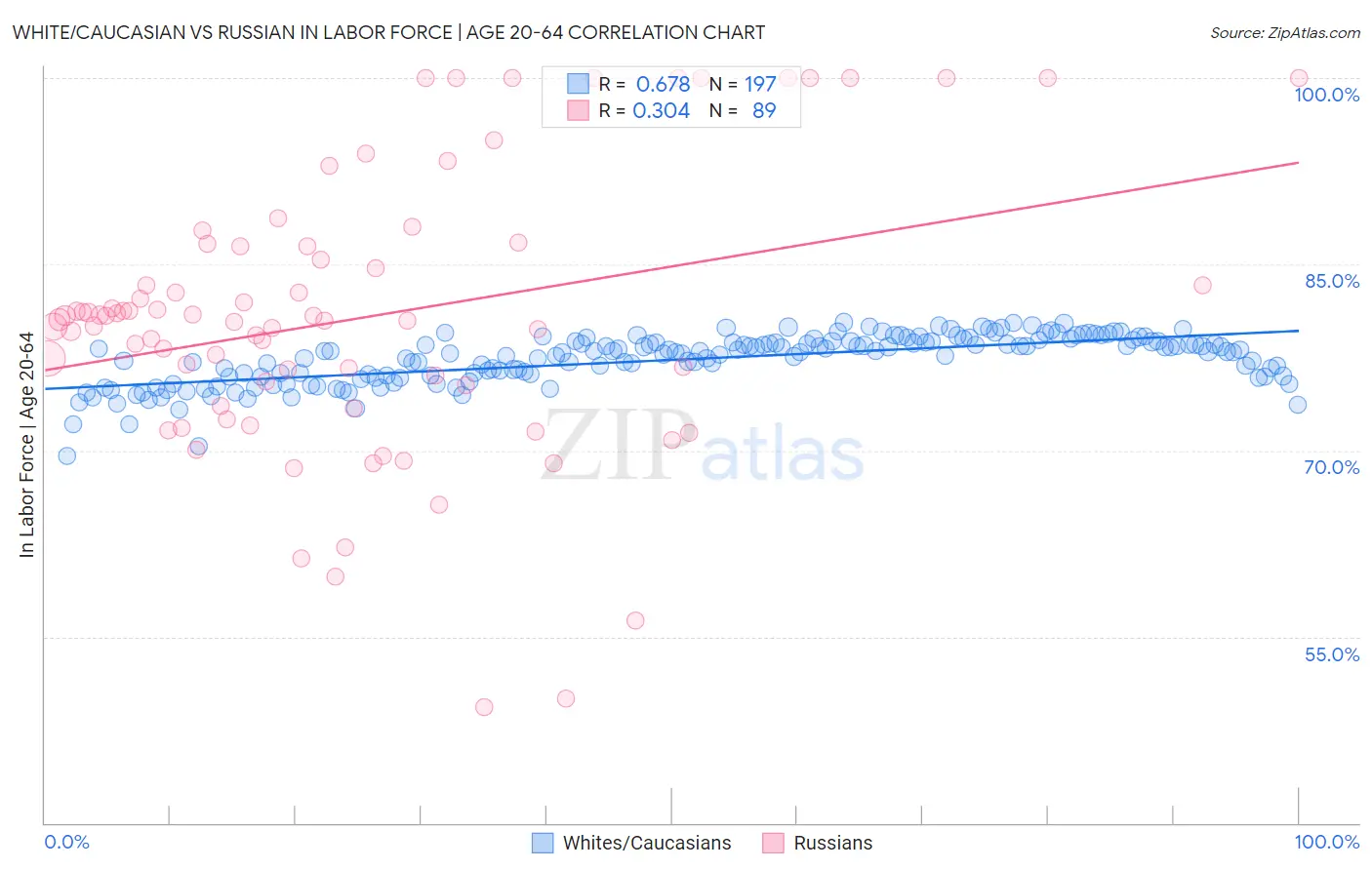 White/Caucasian vs Russian In Labor Force | Age 20-64