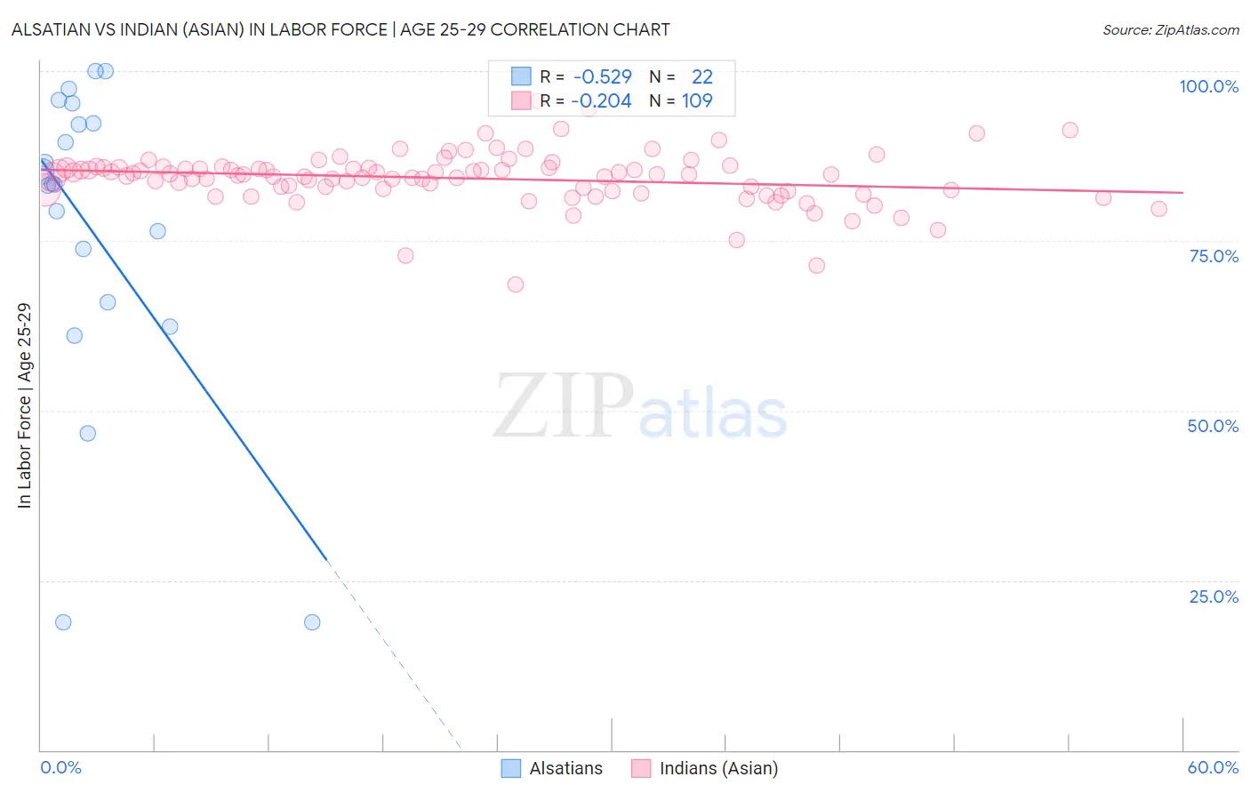 Alsatian vs Indian (Asian) In Labor Force | Age 25-29