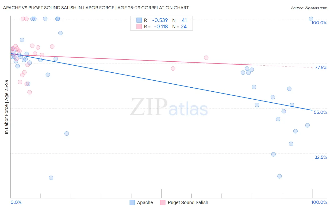Apache vs Puget Sound Salish In Labor Force | Age 25-29