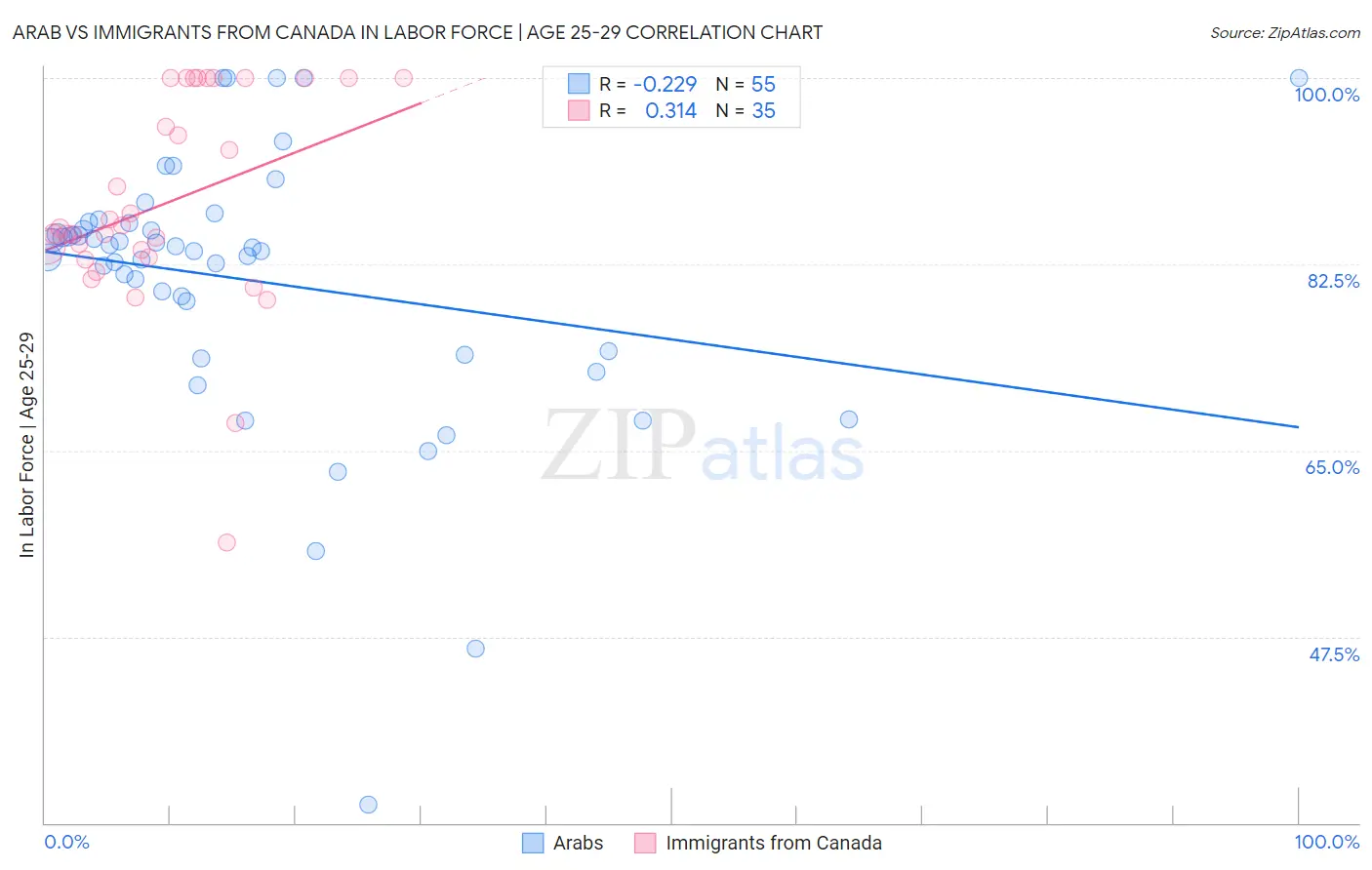 Arab vs Immigrants from Canada In Labor Force | Age 25-29