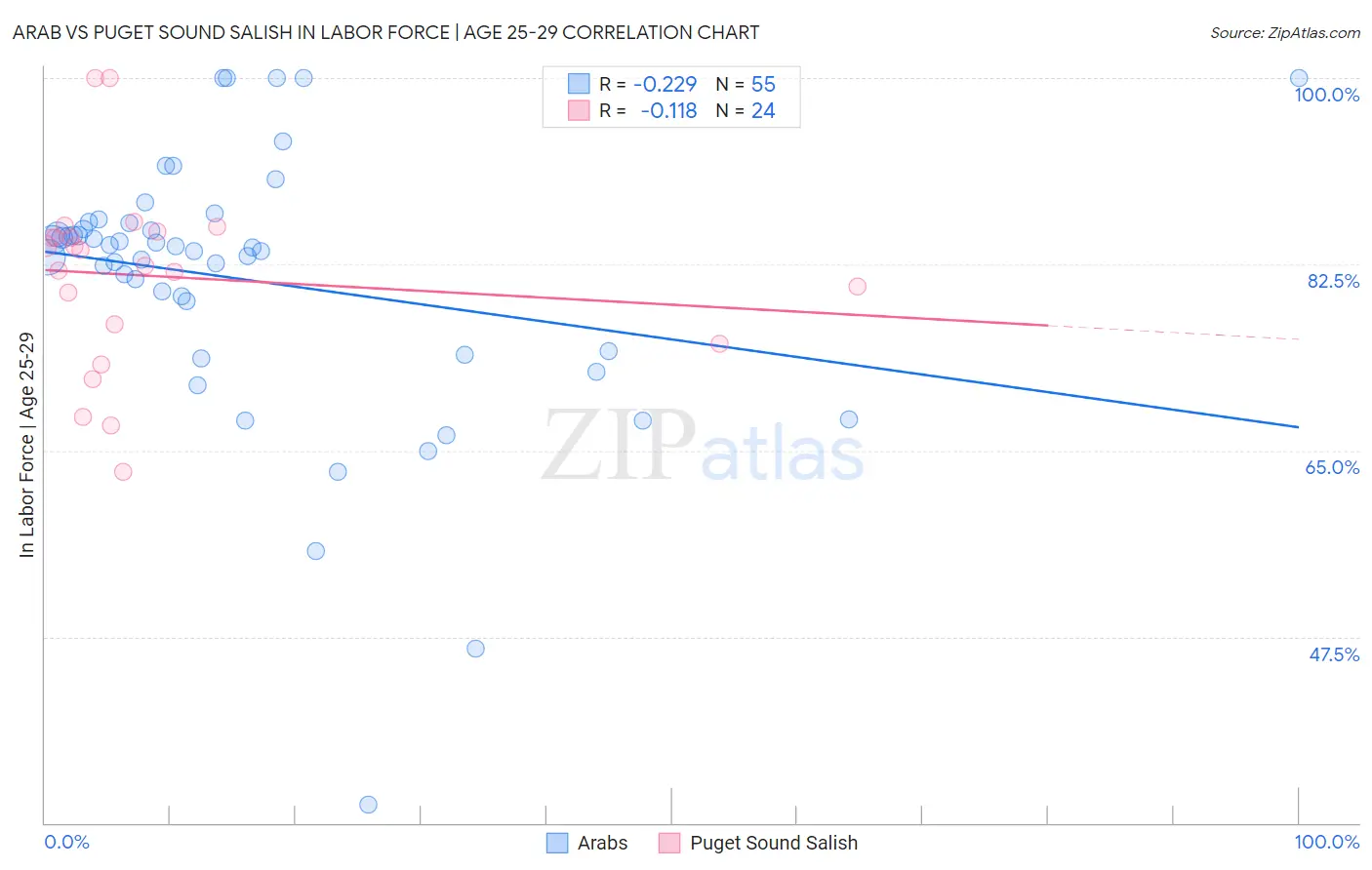 Arab vs Puget Sound Salish In Labor Force | Age 25-29