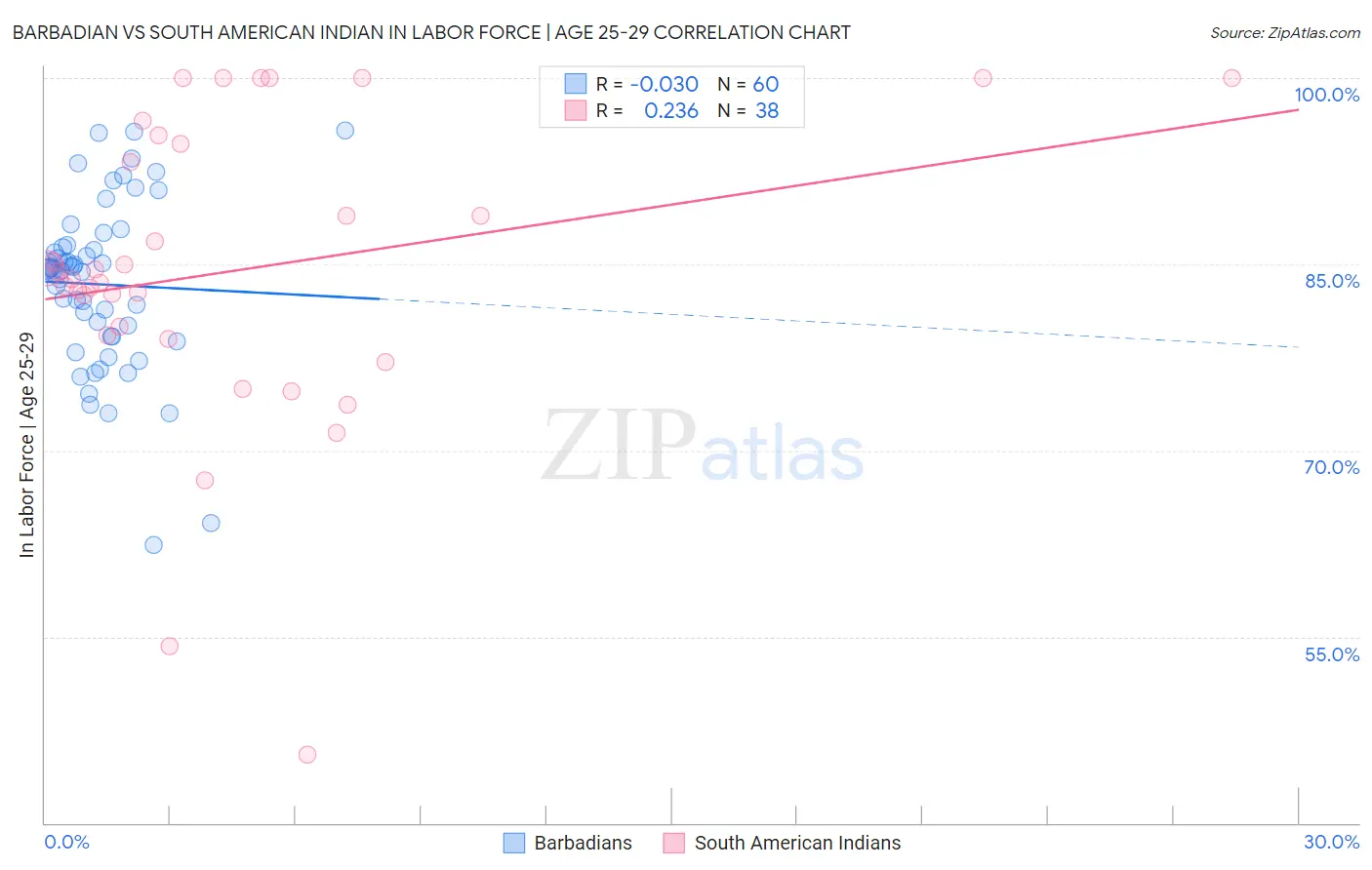Barbadian vs South American Indian In Labor Force | Age 25-29