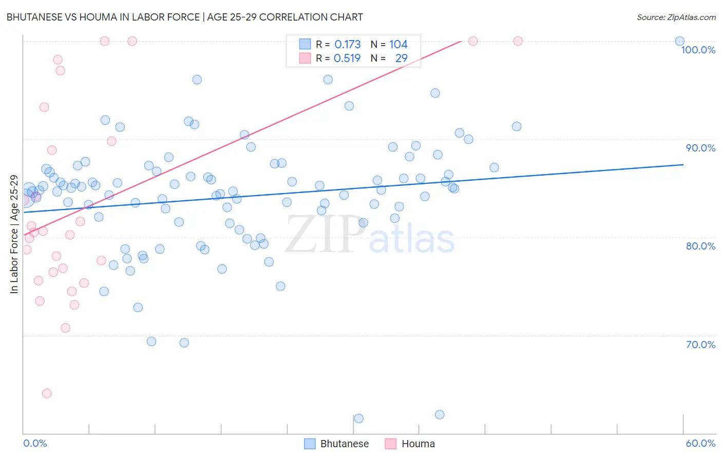 Bhutanese vs Houma In Labor Force | Age 25-29