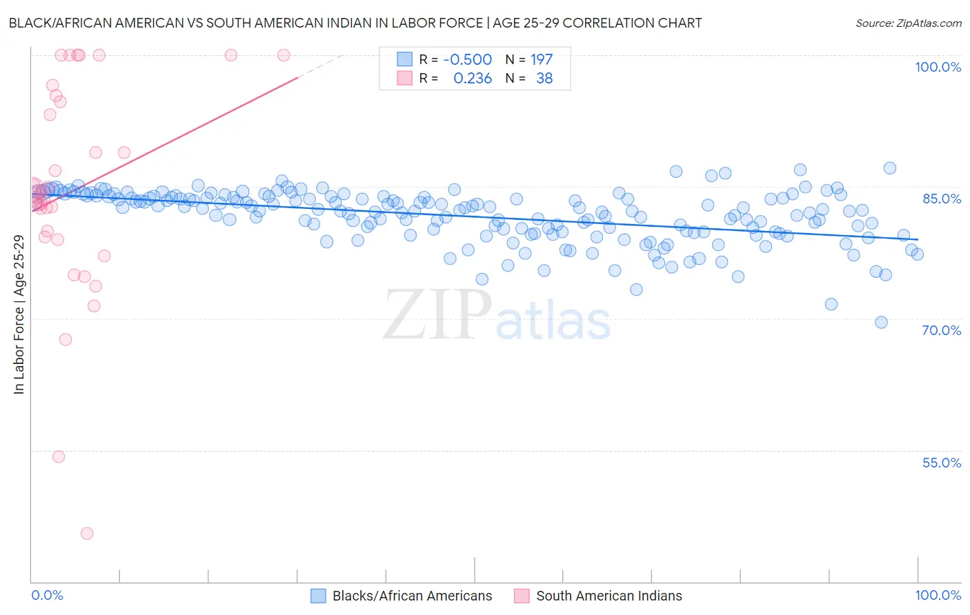 Black/African American vs South American Indian In Labor Force | Age 25-29