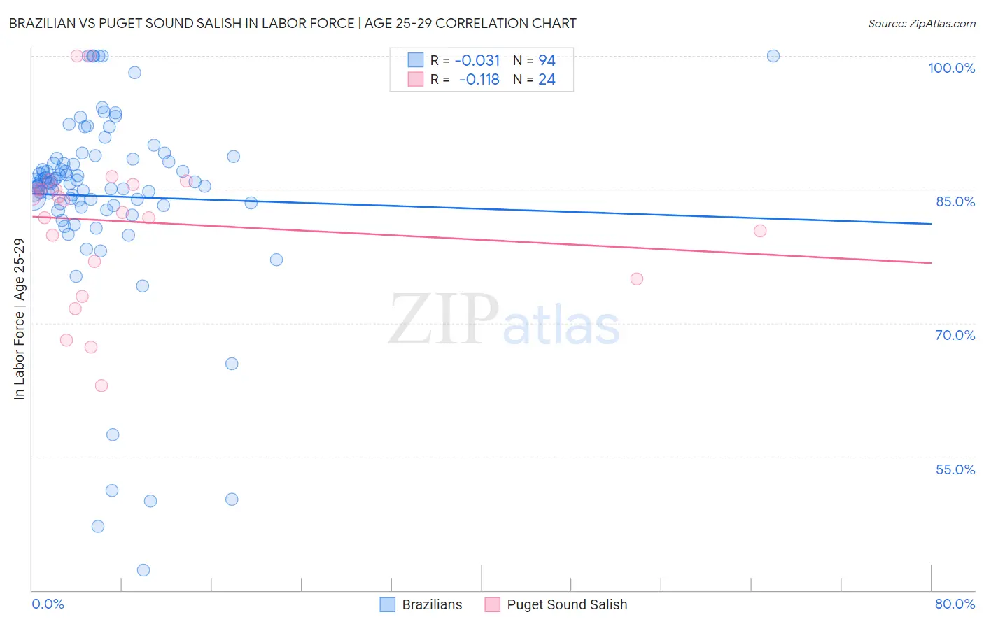 Brazilian vs Puget Sound Salish In Labor Force | Age 25-29