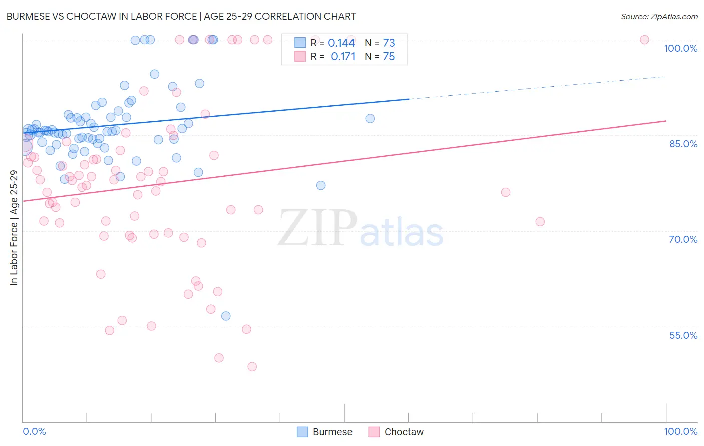 Burmese vs Choctaw In Labor Force | Age 25-29