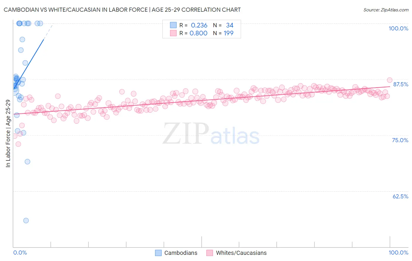 Cambodian vs White/Caucasian In Labor Force | Age 25-29