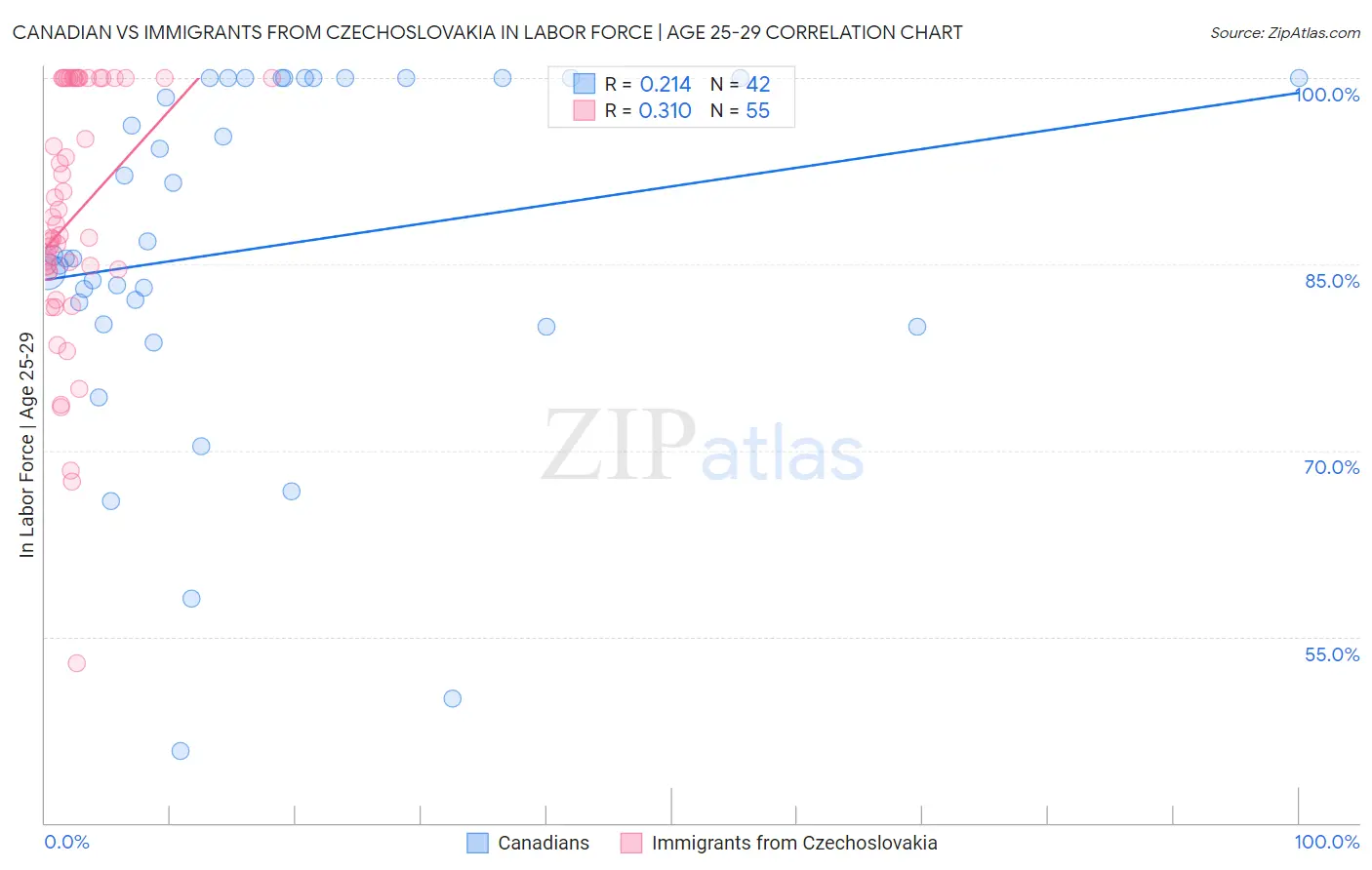 Canadian vs Immigrants from Czechoslovakia In Labor Force | Age 25-29