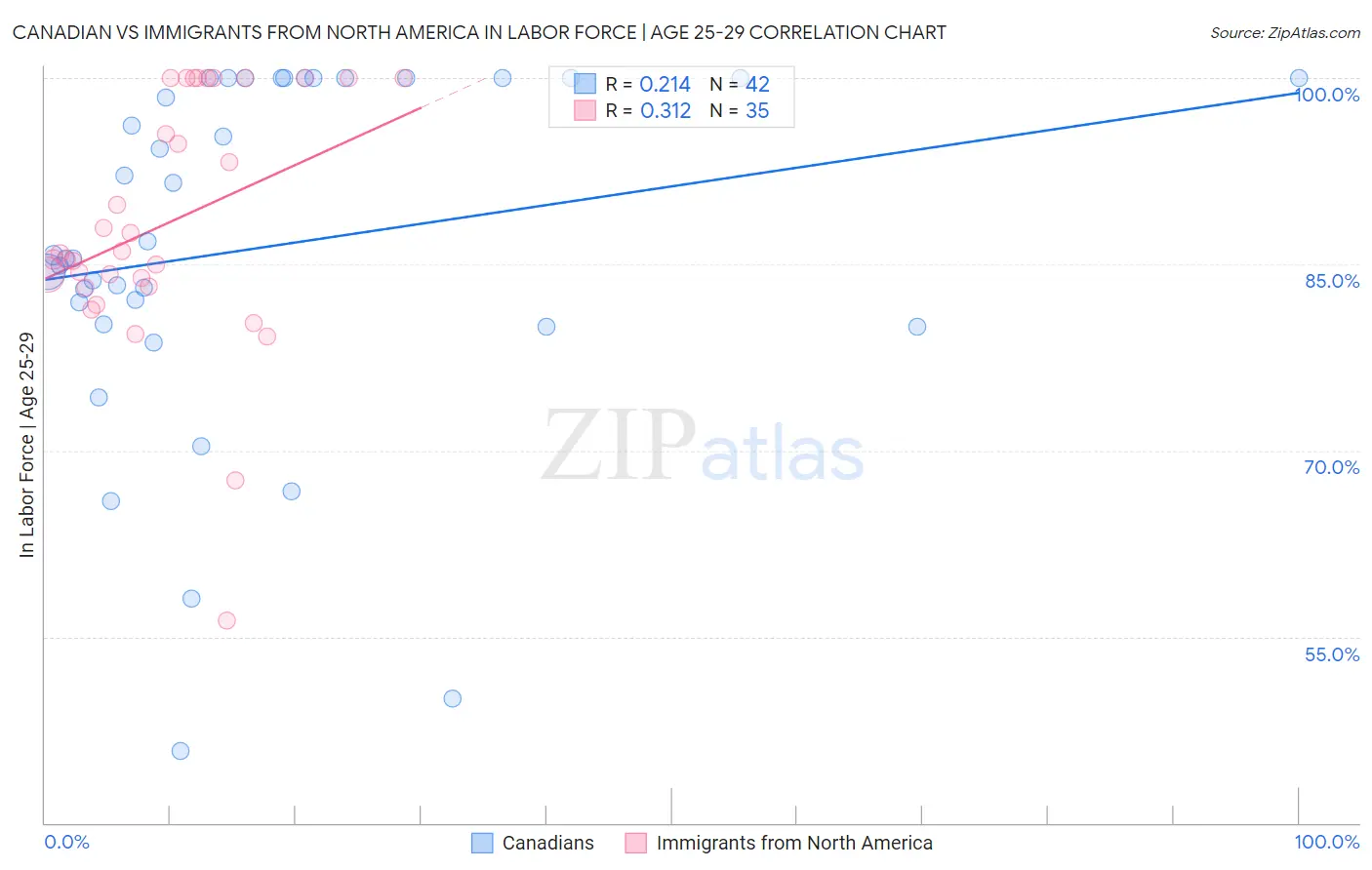 Canadian vs Immigrants from North America In Labor Force | Age 25-29