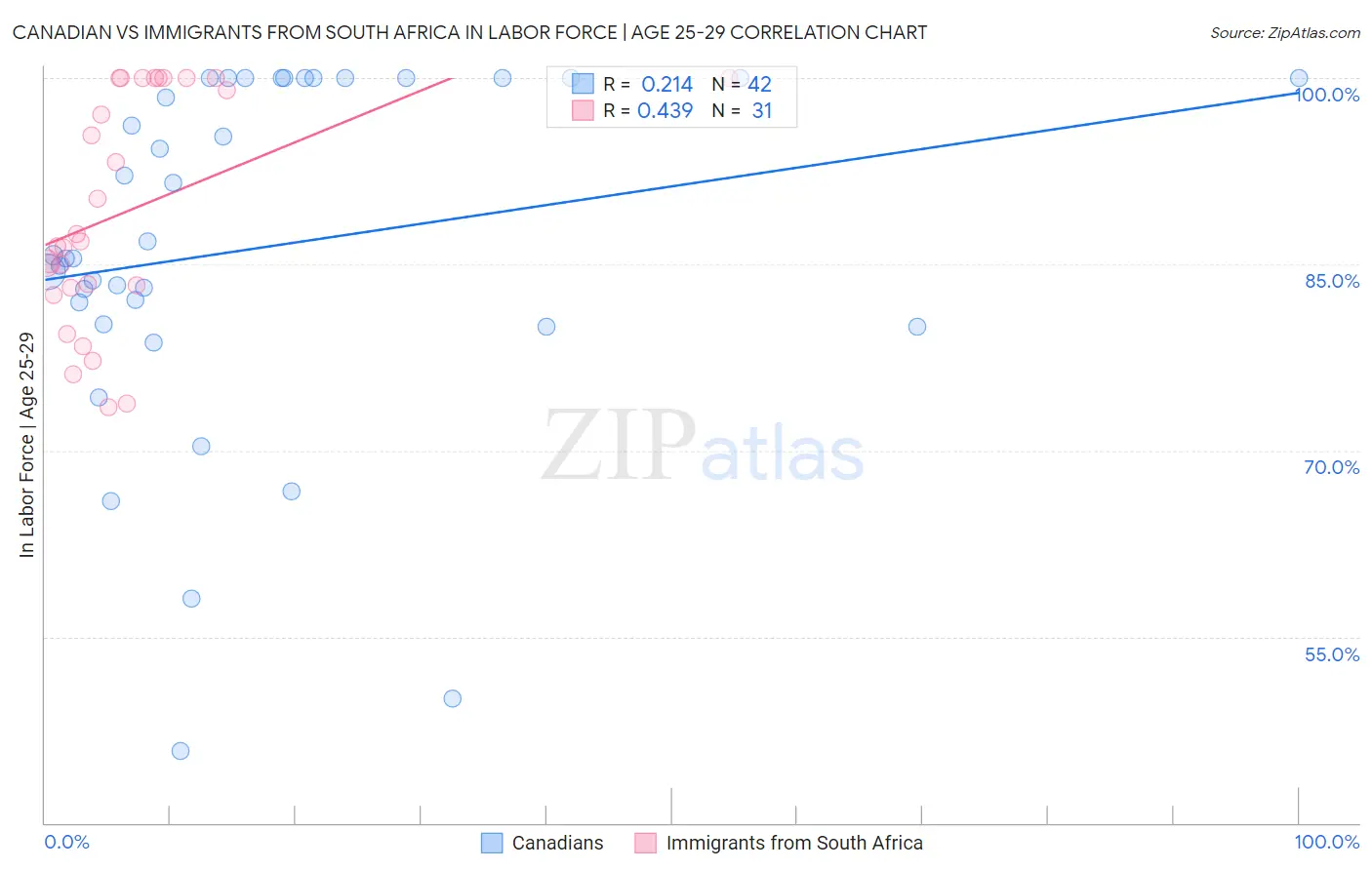 Canadian vs Immigrants from South Africa In Labor Force | Age 25-29