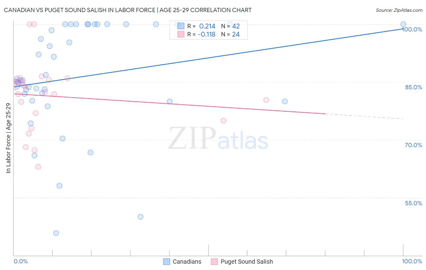 Canadian vs Puget Sound Salish In Labor Force | Age 25-29