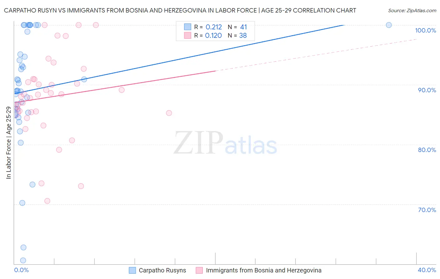 Carpatho Rusyn vs Immigrants from Bosnia and Herzegovina In Labor Force | Age 25-29