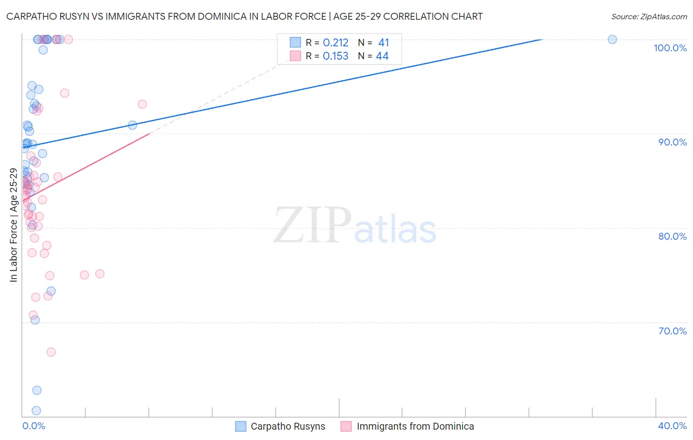 Carpatho Rusyn vs Immigrants from Dominica In Labor Force | Age 25-29