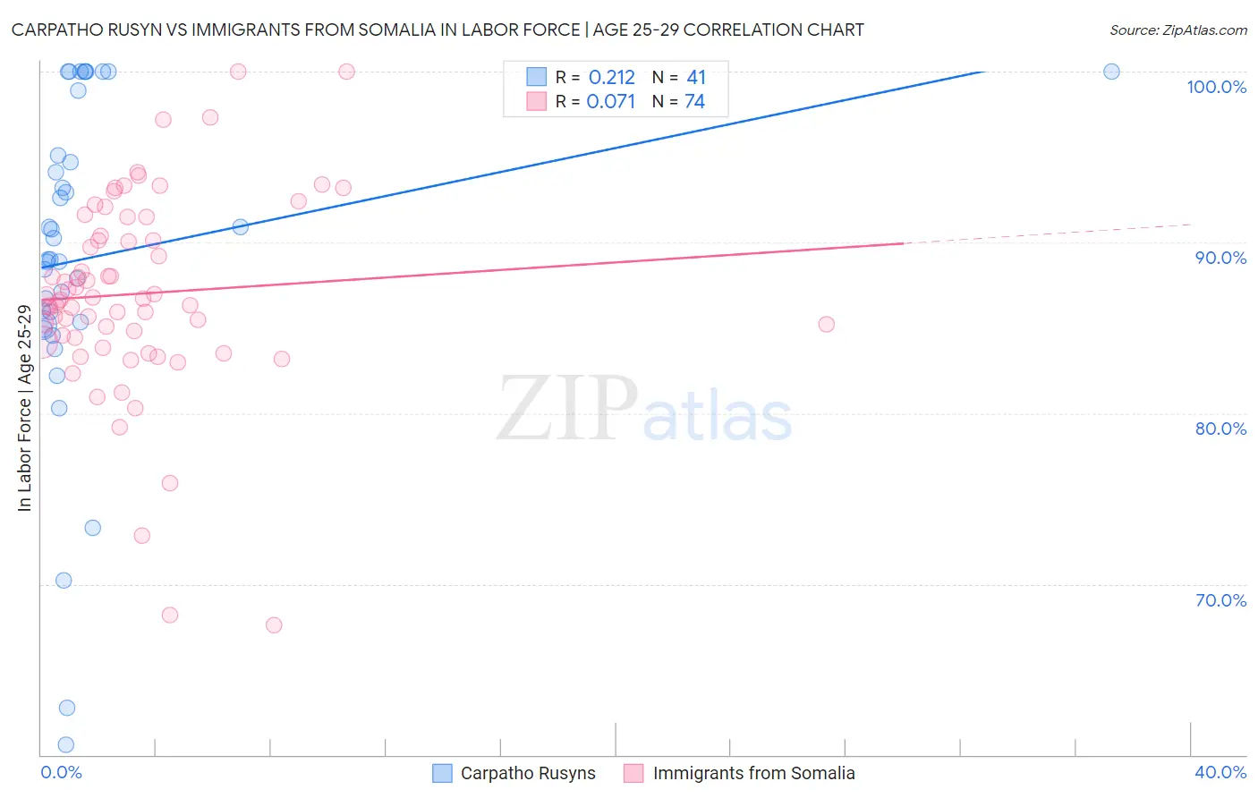 Carpatho Rusyn vs Immigrants from Somalia In Labor Force | Age 25-29
