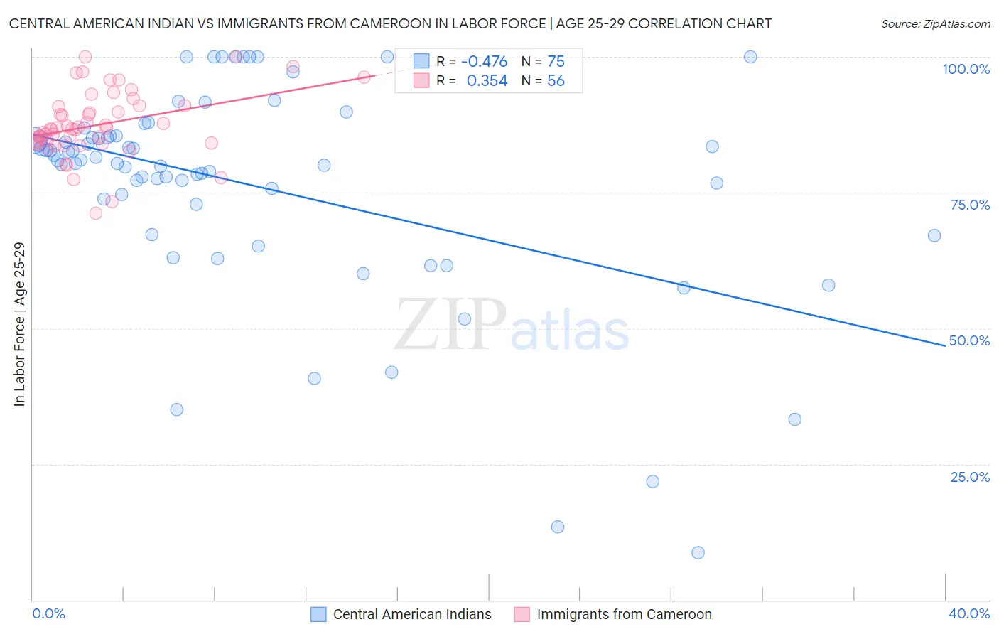 Central American Indian vs Immigrants from Cameroon In Labor Force | Age 25-29