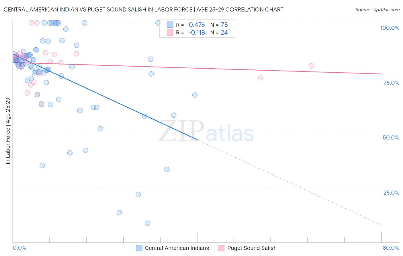 Central American Indian vs Puget Sound Salish In Labor Force | Age 25-29