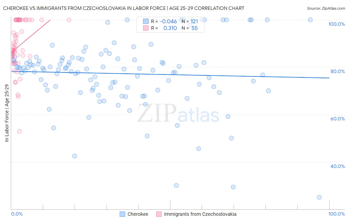 Cherokee vs Immigrants from Czechoslovakia In Labor Force | Age 25-29