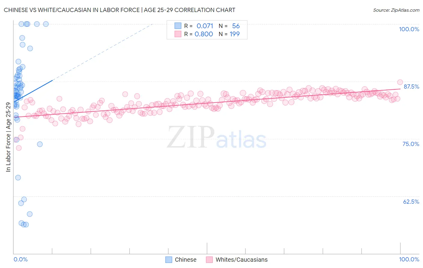 Chinese vs White/Caucasian In Labor Force | Age 25-29