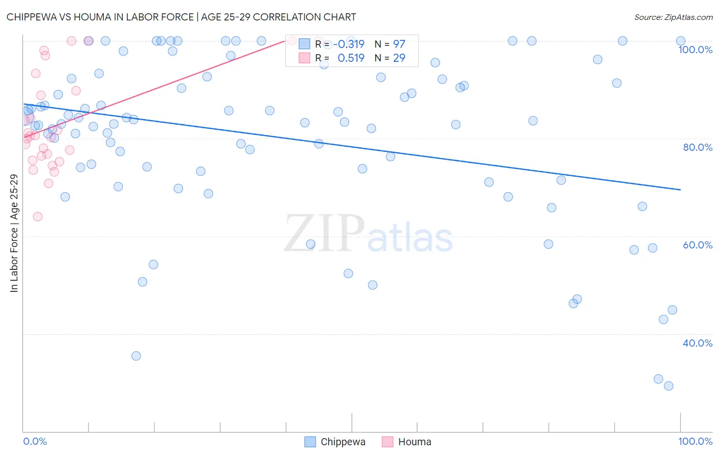 Chippewa vs Houma In Labor Force | Age 25-29