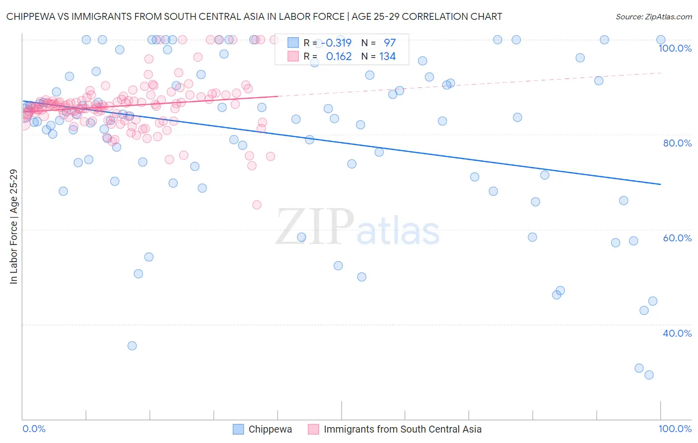 Chippewa vs Immigrants from South Central Asia In Labor Force | Age 25-29