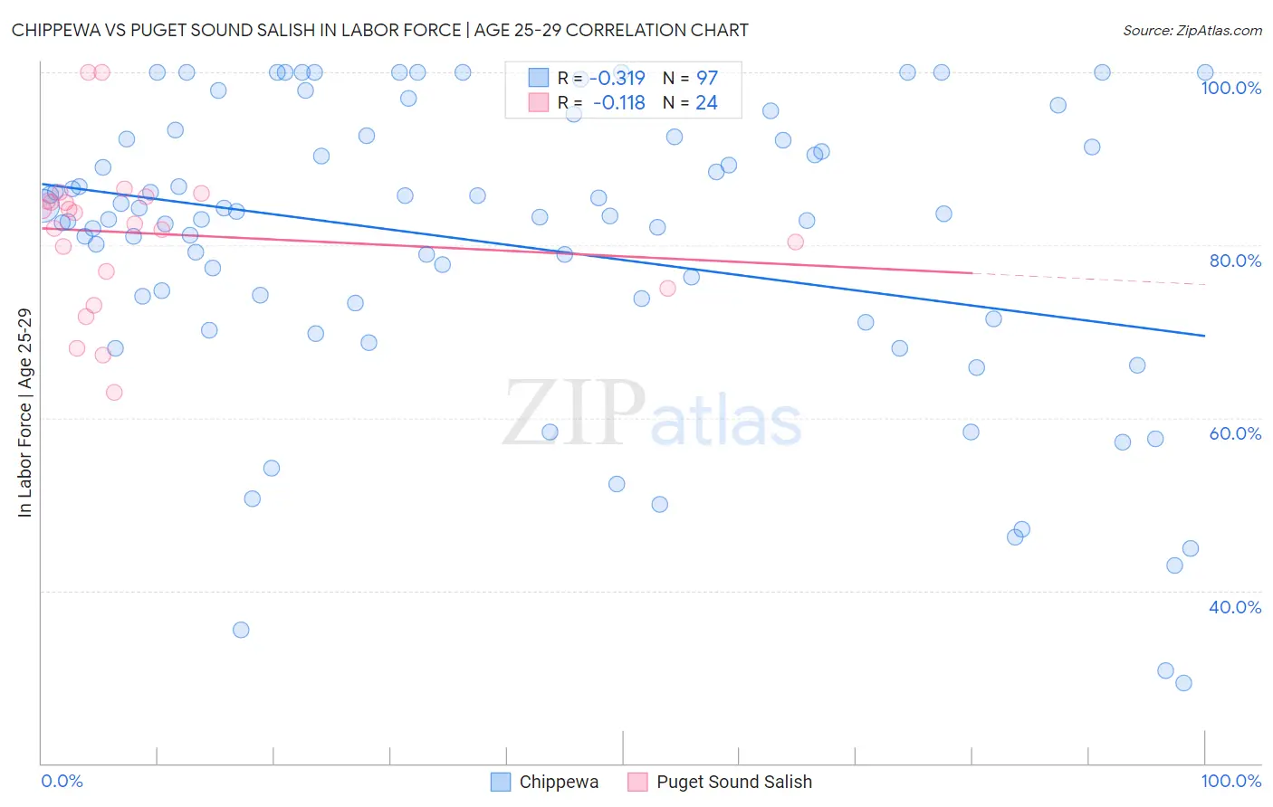 Chippewa vs Puget Sound Salish In Labor Force | Age 25-29