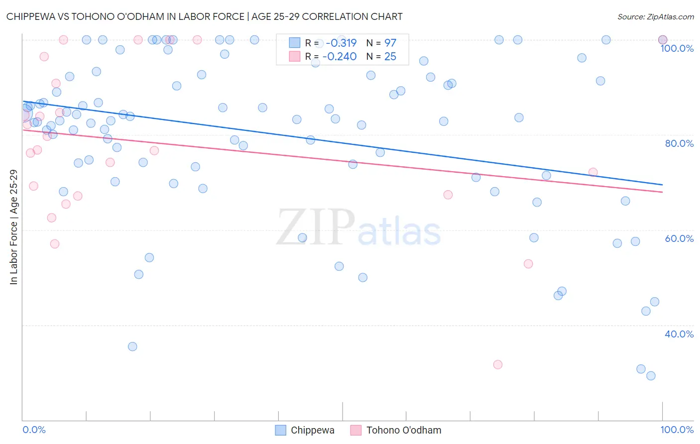 Chippewa vs Tohono O'odham In Labor Force | Age 25-29