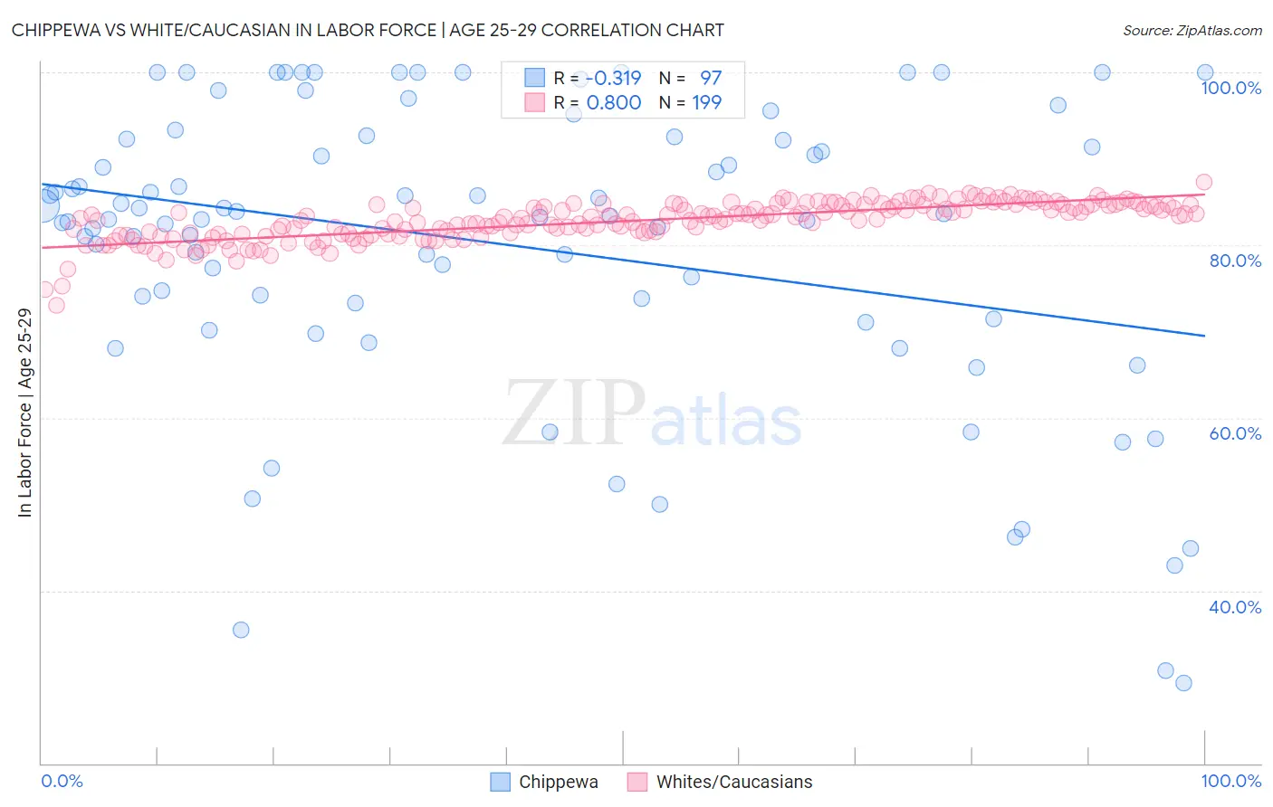 Chippewa vs White/Caucasian In Labor Force | Age 25-29