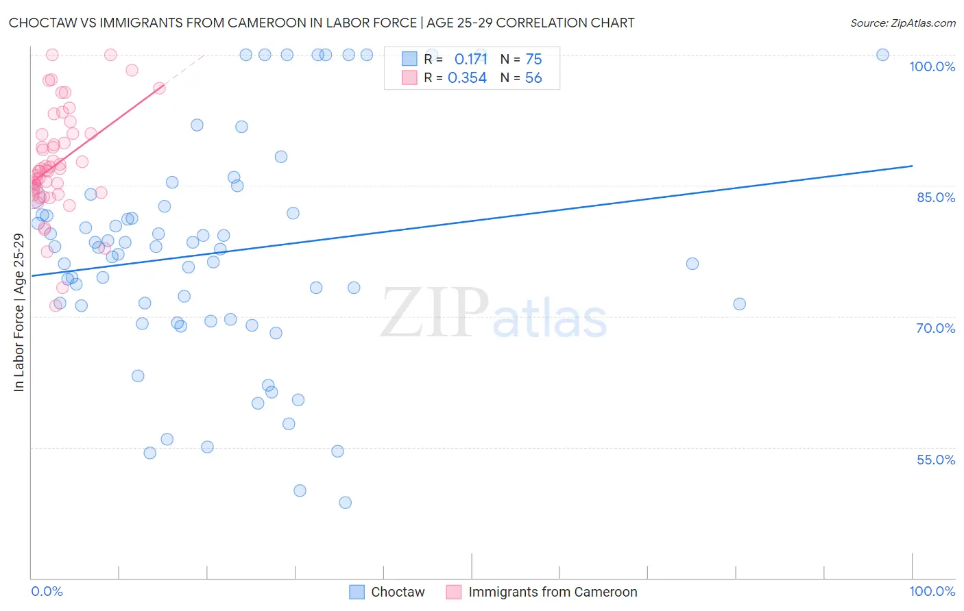 Choctaw vs Immigrants from Cameroon In Labor Force | Age 25-29
