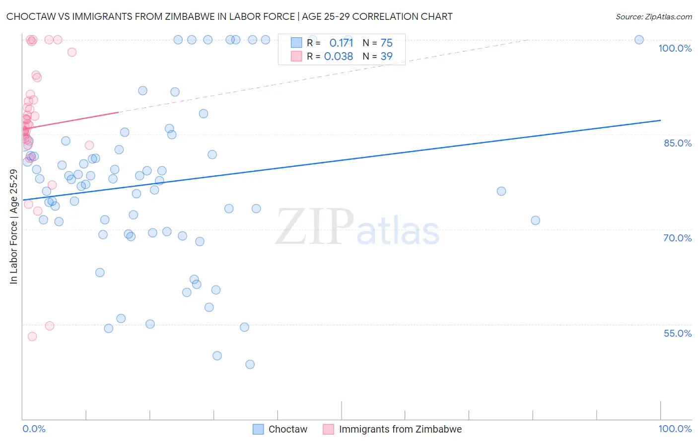 Choctaw vs Immigrants from Zimbabwe In Labor Force | Age 25-29