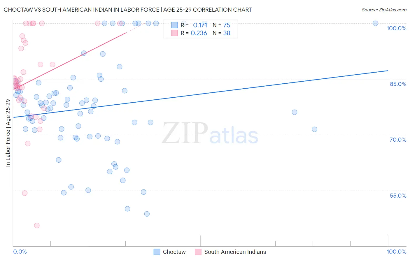 Choctaw vs South American Indian In Labor Force | Age 25-29