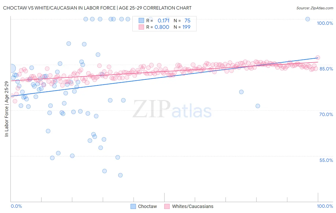 Choctaw vs White/Caucasian In Labor Force | Age 25-29