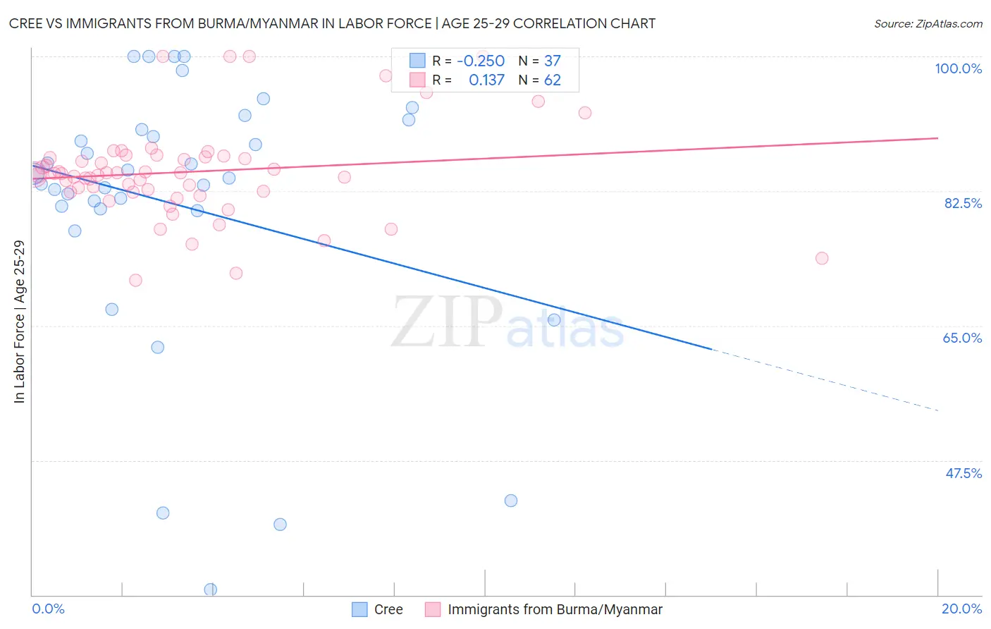 Cree vs Immigrants from Burma/Myanmar In Labor Force | Age 25-29