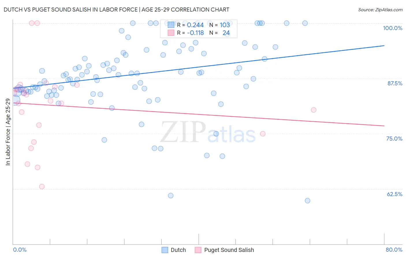 Dutch vs Puget Sound Salish In Labor Force | Age 25-29