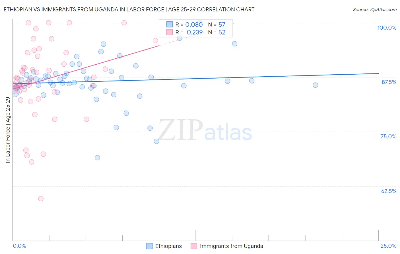 Ethiopian vs Immigrants from Uganda In Labor Force | Age 25-29
