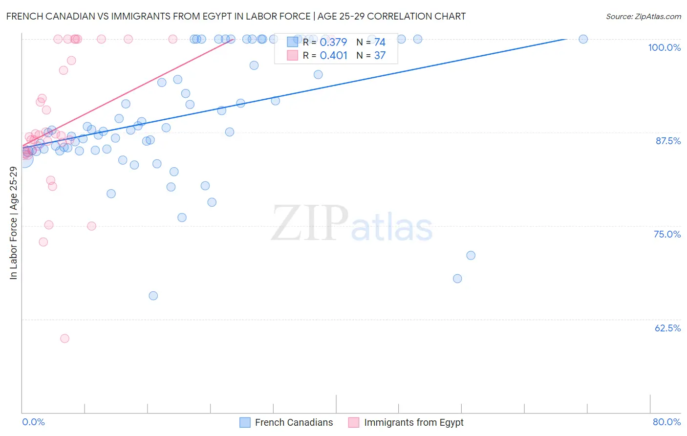 French Canadian vs Immigrants from Egypt In Labor Force | Age 25-29