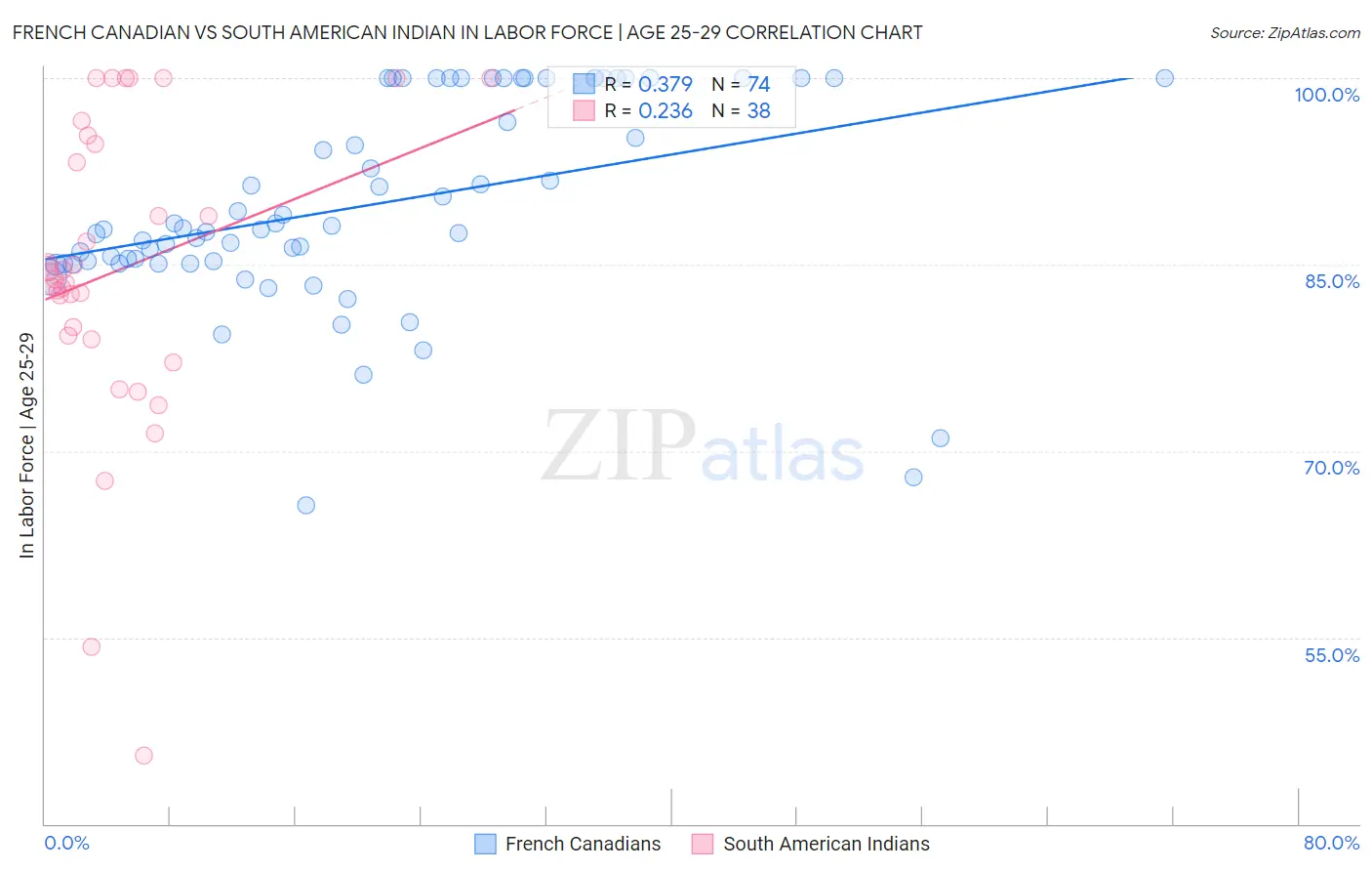 French Canadian vs South American Indian In Labor Force | Age 25-29