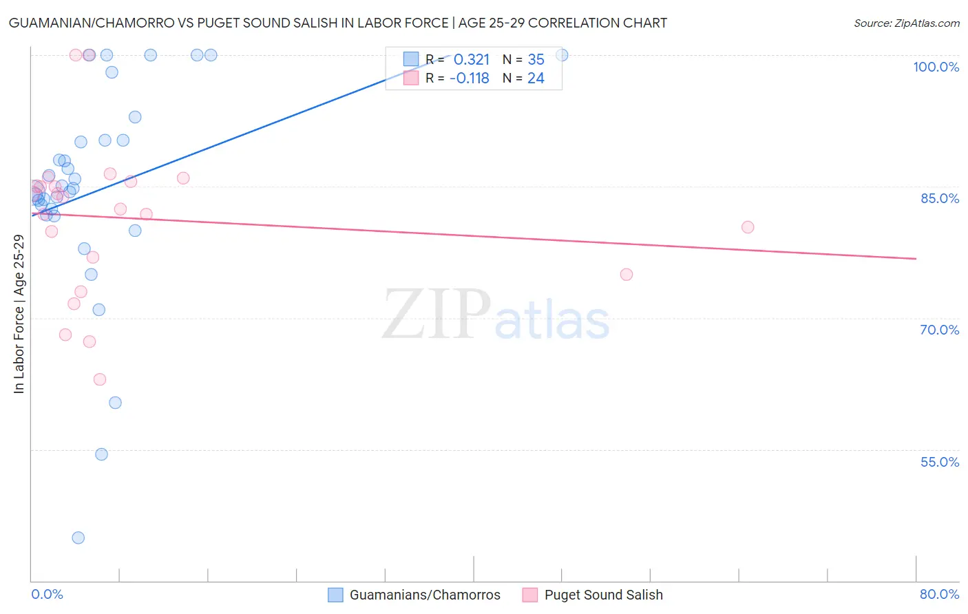 Guamanian/Chamorro vs Puget Sound Salish In Labor Force | Age 25-29
