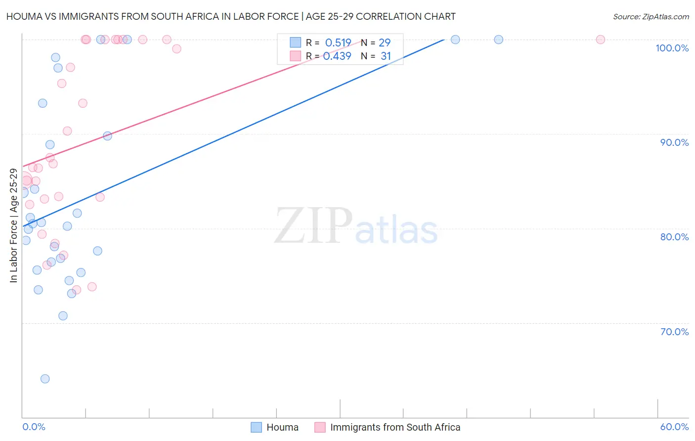 Houma vs Immigrants from South Africa In Labor Force | Age 25-29