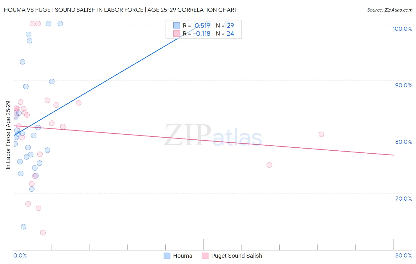 Houma vs Puget Sound Salish In Labor Force | Age 25-29