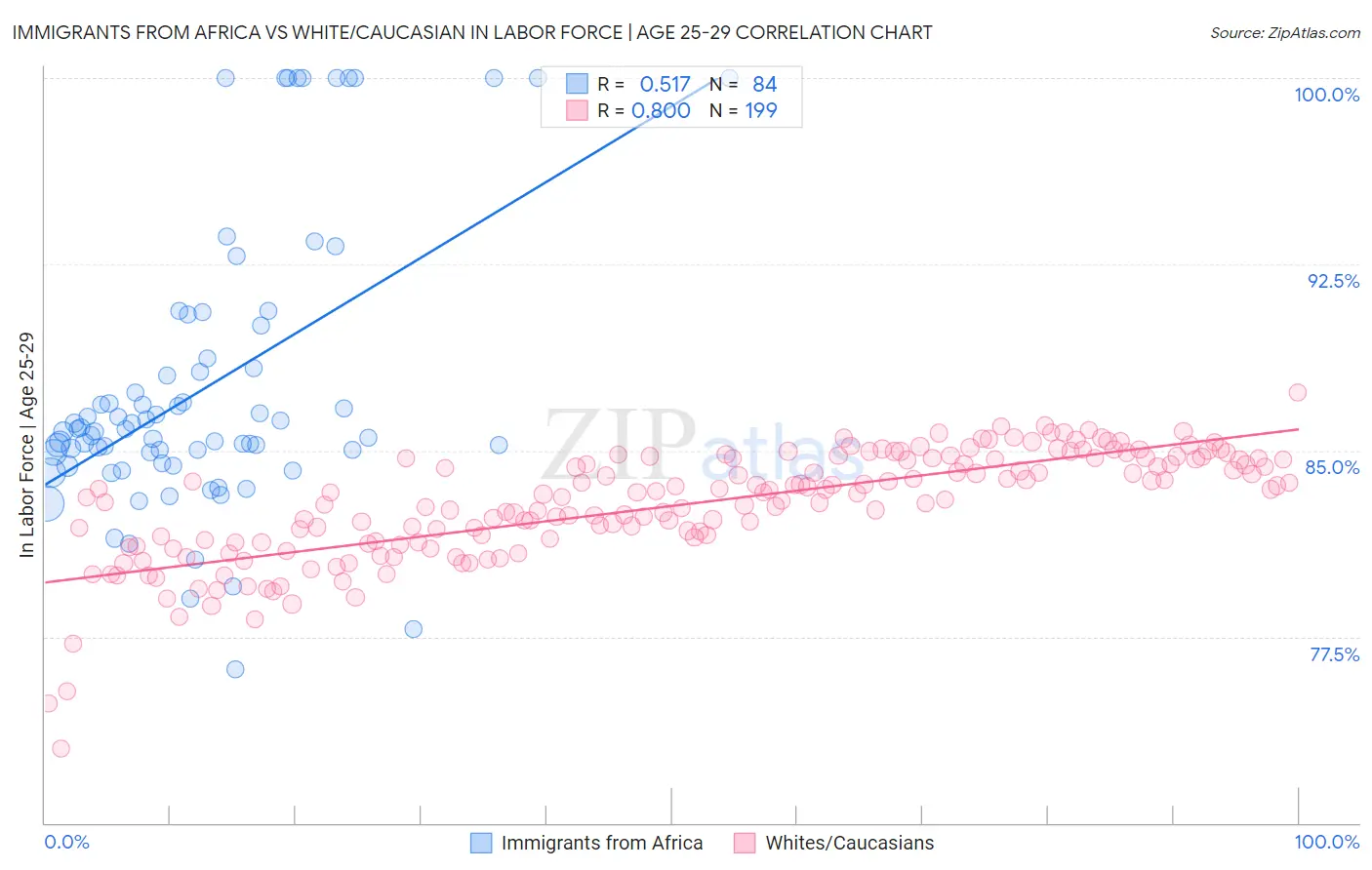 Immigrants from Africa vs White/Caucasian In Labor Force | Age 25-29