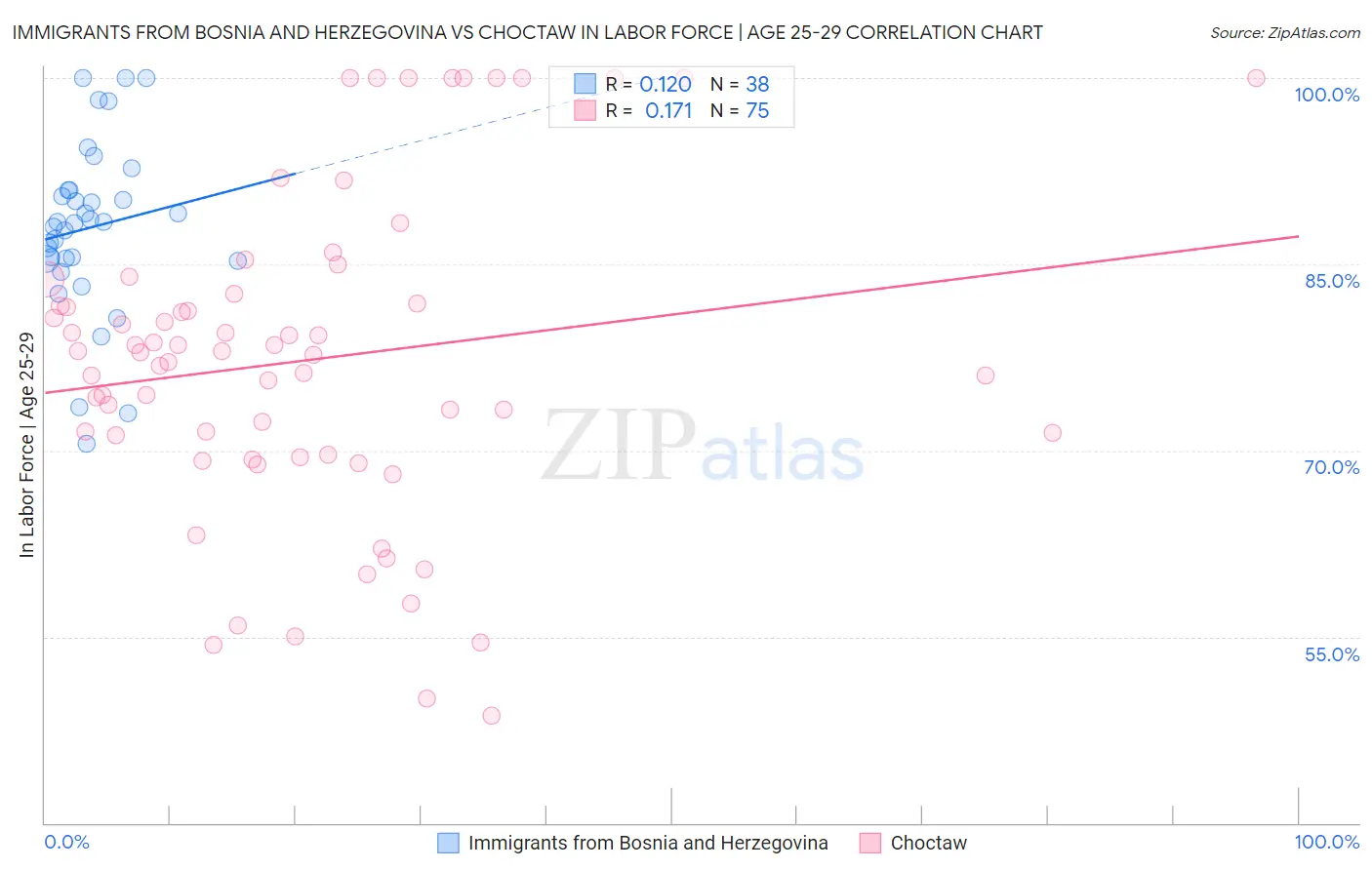 Immigrants from Bosnia and Herzegovina vs Choctaw In Labor Force | Age 25-29