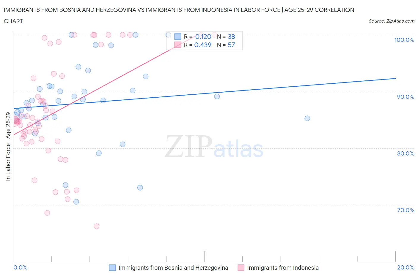 Immigrants from Bosnia and Herzegovina vs Immigrants from Indonesia In Labor Force | Age 25-29
