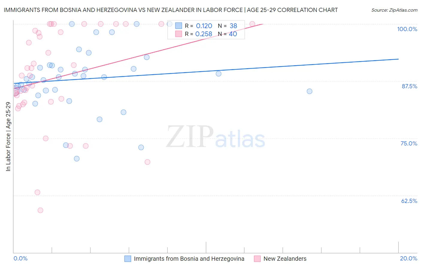Immigrants from Bosnia and Herzegovina vs New Zealander In Labor Force | Age 25-29