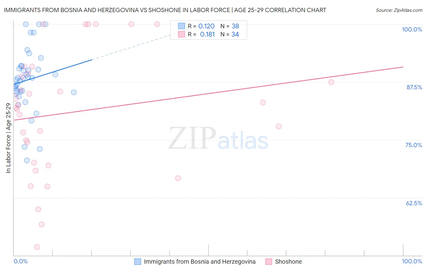 Immigrants from Bosnia and Herzegovina vs Shoshone In Labor Force | Age 25-29