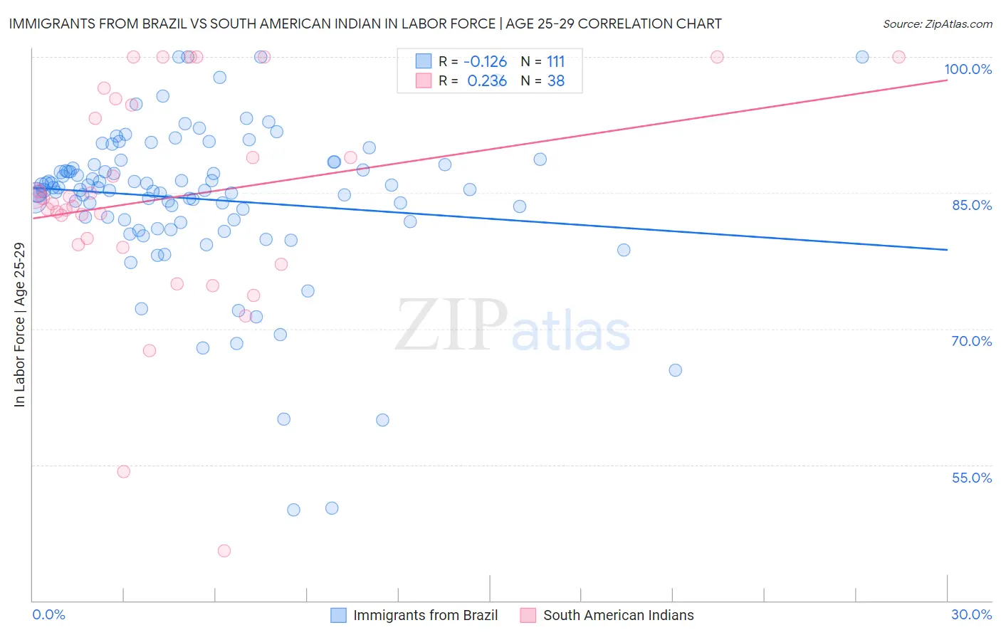 Immigrants from Brazil vs South American Indian In Labor Force | Age 25-29